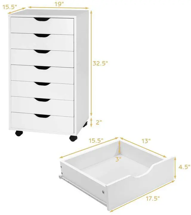 Alt view image 3 of 7 - 7 Drawers Filing Cabinet, Vertical File Cabinet with Wheels | Mobile Under Desk Storage Cabinets, Ideal for Home Office, Study, Workspace