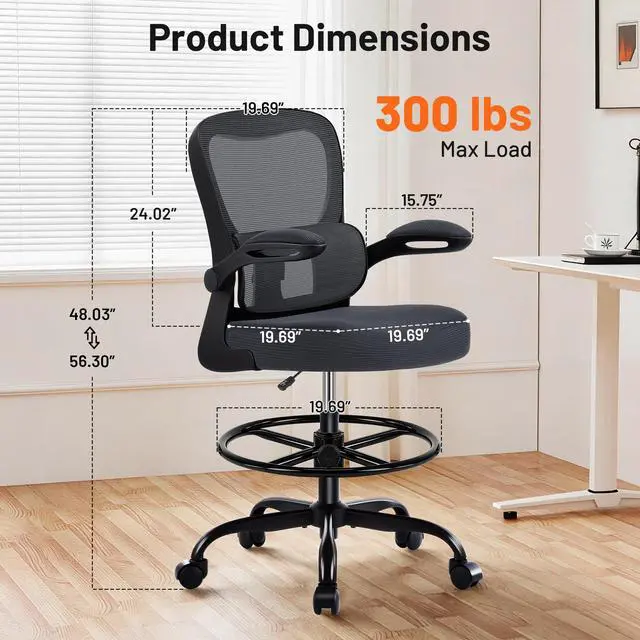 Alt view image 2 of 7 - Drafting Chair - Ergonomic Tall Office Chair with Lumbar Support and FILP-up Armrests - High Standing Desk Chair Breathable Mesh with Adjustable Footrest Ring and Height for Home Office