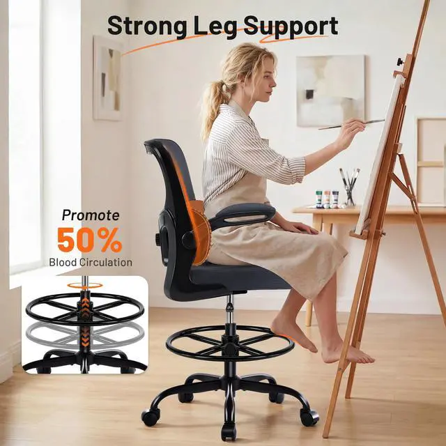 Alt view image 3 of 7 - Drafting Chair - Ergonomic Tall Office Chair with Lumbar Support and FILP-up Armrests - High Standing Desk Chair Breathable Mesh with Adjustable Footrest Ring and Height for Home Office