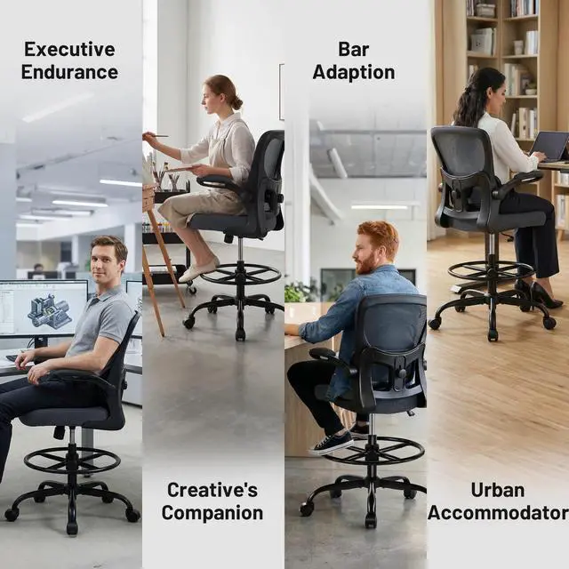 Alt view image 7 of 7 - Drafting Chair - Ergonomic Tall Office Chair with Lumbar Support and FILP-up Armrests - High Standing Desk Chair Breathable Mesh with Adjustable Footrest Ring and Height for Home Office