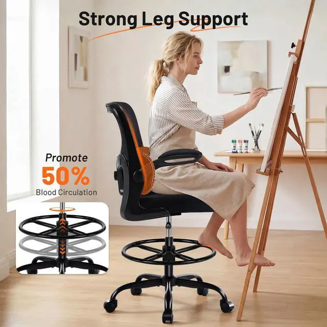 Alt view image 3 of 7 - Drafting Chair - Ergonomic Tall Office Chair with Lumbar Support and Flip-up Armrests - High Standing Desk Chair Breathable Mesh with Adjustable Footrest Ring and Height for Home Office