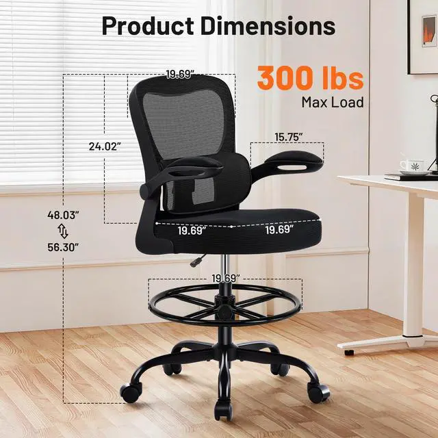 Alt view image 2 of 7 - Drafting Chair - Ergonomic Tall Office Chair with Lumbar Support and Flip-up Armrests - High Standing Desk Chair Breathable Mesh with Adjustable Footrest Ring and Height for Home Office