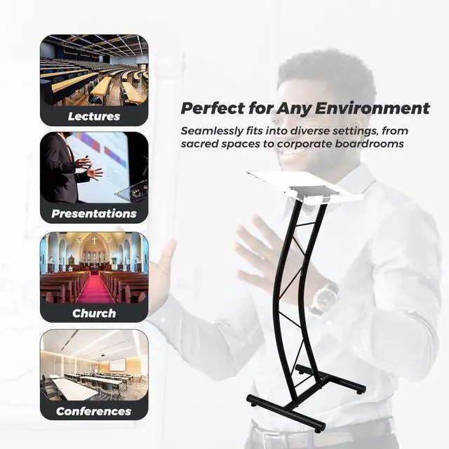 Alt view image 7 of 7 - Curved Metal Lectern with Acrylic Top, Stainless Steel Lectern Body and Clear Acrylic Top - Striking and Elegant for All Spaces