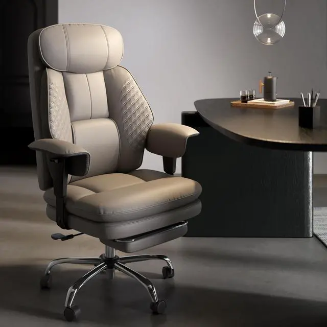 Main image of Leather Big and Tall Office Chair Ergonomic, Footrest, Grey | High Back Desk Chair, Computer Chair with Adjustable Armrests, Rocking Function, Thick Back & Cushion, BIFMA & SGS Certified