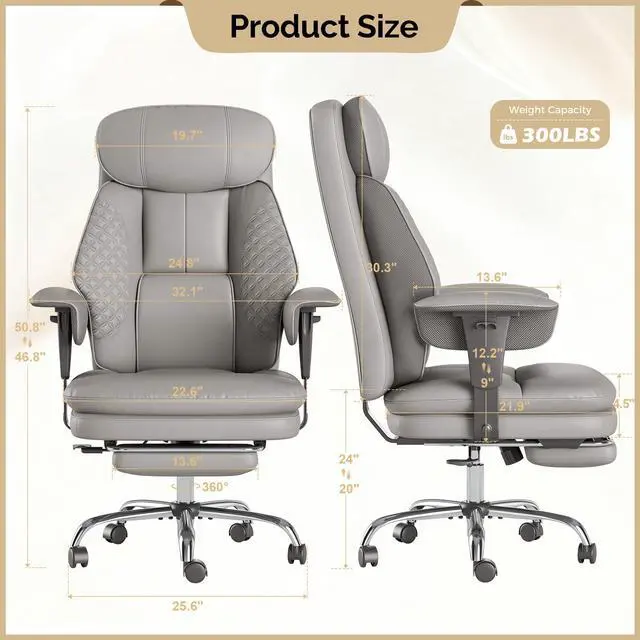 Alt view image 2 of 7 - Leather Big and Tall Office Chair Ergonomic, Footrest, Grey | High Back Desk Chair, Computer Chair with Adjustable Armrests, Rocking Function, Thick Back & Cushion, BIFMA & SGS Certified