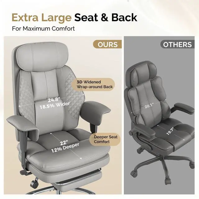 Alt view image 3 of 7 - Leather Big and Tall Office Chair Ergonomic, Footrest, Grey | High Back Desk Chair, Computer Chair with Adjustable Armrests, Rocking Function, Thick Back & Cushion, BIFMA & SGS Certified