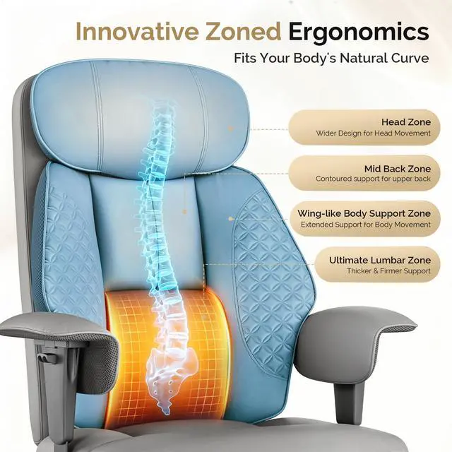 Alt view image 5 of 7 - Leather Big and Tall Office Chair Ergonomic, Footrest, Grey | High Back Desk Chair, Computer Chair with Adjustable Armrests, Rocking Function, Thick Back & Cushion, BIFMA & SGS Certified