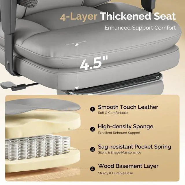 Alt view image 7 of 7 - Leather Big and Tall Office Chair Ergonomic, Footrest, Grey | High Back Desk Chair, Computer Chair with Adjustable Armrests, Rocking Function, Thick Back & Cushion, BIFMA & SGS Certified