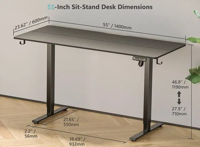 Alt view image 3 of 7 - 55 x 24 Inch Electric Standing Desk with 4 Wheels, Height Adjustable Desk for Home Office, Sit Stand Desk with 4 Memory Presets, Headphone Hooks and Cable Clips, Splice Board Black