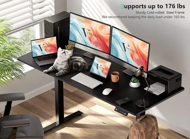 Alt view image 4 of 7 - 55 x 24 Inch Electric Standing Desk with 4 Wheels, Height Adjustable Desk for Home Office, Sit Stand Desk with 4 Memory Presets, Headphone Hooks and Cable Clips, Splice Board Black