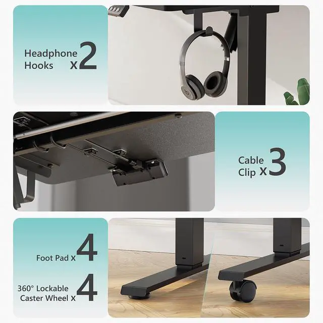 Alt view image 6 of 7 - 55 x 24 Inch Electric Standing Desk with 4 Wheels, Height Adjustable Desk for Home Office, Sit Stand Desk with 4 Memory Presets, Headphone Hooks and Cable Clips, Splice Board Black
