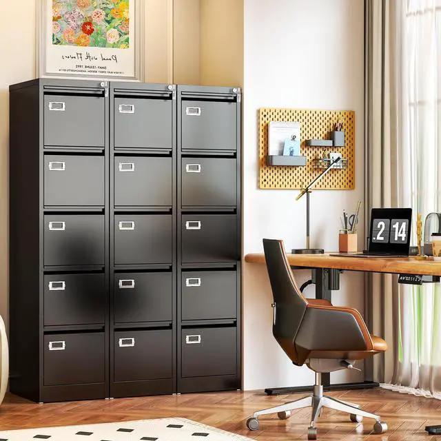 Alt view image 2 of 7 - 5 Drawer File Cabinet, Black Metal Filing Cabinets with Lock Name Card Holder, Metal Vertical Filing Cabinets for Home Office, Steel Storage Cabinet fits Letter/Legal/A4 Size(Assembly Required)