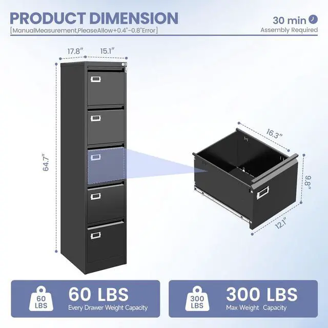 Alt view image 3 of 7 - 5 Drawer File Cabinet, Black Metal Filing Cabinets with Lock Name Card Holder, Metal Vertical Filing Cabinets for Home Office, Steel Storage Cabinet fits Letter/Legal/A4 Size(Assembly Required)