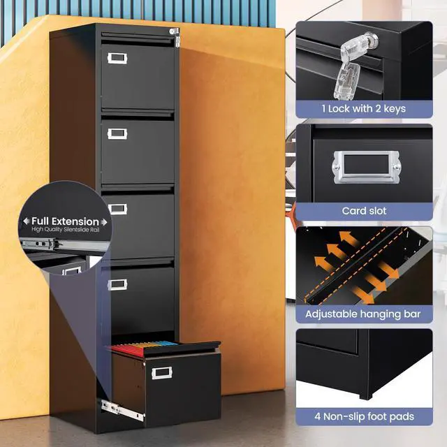 Alt view image 5 of 7 - 5 Drawer File Cabinet, Black Metal Filing Cabinets with Lock Name Card Holder, Metal Vertical Filing Cabinets for Home Office, Steel Storage Cabinet fits Letter/Legal/A4 Size(Assembly Required)