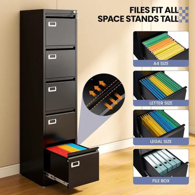 Alt view image 6 of 7 - 5 Drawer File Cabinet, Black Metal Filing Cabinets with Lock Name Card Holder, Metal Vertical Filing Cabinets for Home Office, Steel Storage Cabinet fits Letter/Legal/A4 Size(Assembly Required)