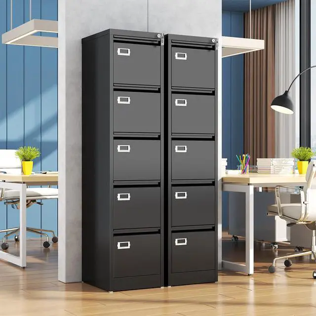 Alt view image 7 of 7 - 5 Drawer File Cabinet, Black Metal Filing Cabinets with Lock Name Card Holder, Metal Vertical Filing Cabinets for Home Office, Steel Storage Cabinet fits Letter/Legal/A4 Size(Assembly Required)