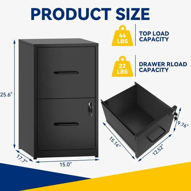 Alt view image 3 of 7 - Vertical 2 Drawer File Cabinet with Lock, Black Metal Filing Cabinet | 25.6" H x 15.0" W x 17.7" D Small Metal Filing Cabinet for Home Office, with Letter Size Hanging Files, Black