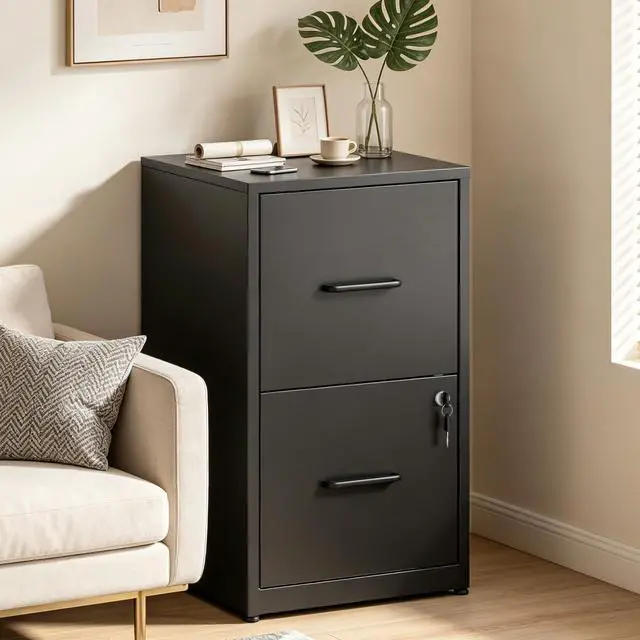 Alt view image 2 of 7 - Vertical 2 Drawer File Cabinet with Lock, Black Metal Filing Cabinet | 25.6" H x 15.0" W x 17.7" D Small Metal Filing Cabinet for Home Office, with Letter Size Hanging Files, Black
