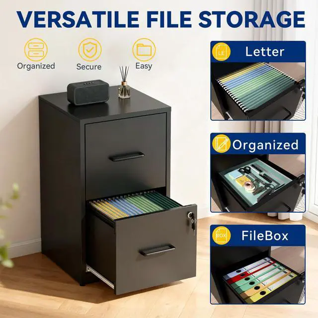 Alt view image 4 of 7 - Vertical 2 Drawer File Cabinet with Lock, Black Metal Filing Cabinet | 25.6" H x 15.0" W x 17.7" D Small Metal Filing Cabinet for Home Office, with Letter Size Hanging Files, Black