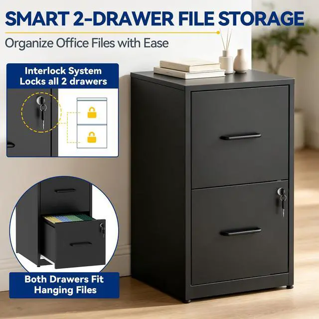 Alt view image 5 of 7 - Vertical 2 Drawer File Cabinet with Lock, Black Metal Filing Cabinet | 25.6" H x 15.0" W x 17.7" D Small Metal Filing Cabinet for Home Office, with Letter Size Hanging Files, Black