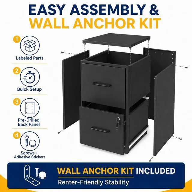 Alt view image 7 of 7 - Vertical 2 Drawer File Cabinet with Lock, Black Metal Filing Cabinet | 25.6" H x 15.0" W x 17.7" D Small Metal Filing Cabinet for Home Office, with Letter Size Hanging Files, Black