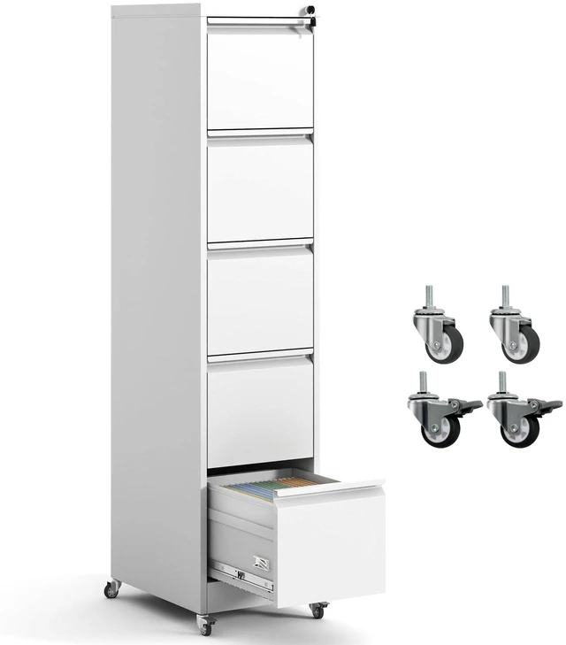 Main image of 5 Drawer Locking File Cabinet with Wheels,Metal Filing Cabinets | White Rolling File Cabinet for Home Office,Heavy Duty Storage Cabinet for A4/Letter/Legal Size File,Assembly Required