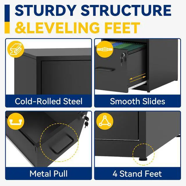 Alt view image 6 of 7 - Vertical 2 Drawer File Cabinet with Lock, Black Metal Filing Cabinet | 25.6" H x 15.0" W x 17.7" D Small Metal Filing Cabinet for Home Office, with Letter Size Hanging Files, Black