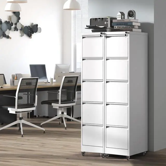 Alt view image 2 of 7 - 5 Drawer Mobile File Cabinet with Lock,White Metal Filing Cabinets | Vertical File Cabinet with Wheels,Heavy Duty Home Office Storage Cabinet for A4/Letter/Legal Size File,Assembly Required