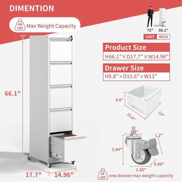 Alt view image 3 of 7 - 5 Drawer Mobile File Cabinet with Lock,White Metal Filing Cabinets | Vertical File Cabinet with Wheels,Heavy Duty Home Office Storage Cabinet for A4/Letter/Legal Size File,Assembly Required