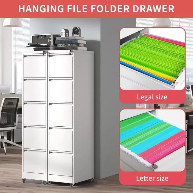 Alt view image 4 of 7 - 5 Drawer Mobile File Cabinet with Lock,White Metal Filing Cabinets | Vertical File Cabinet with Wheels,Heavy Duty Home Office Storage Cabinet for A4/Letter/Legal Size File,Assembly Required