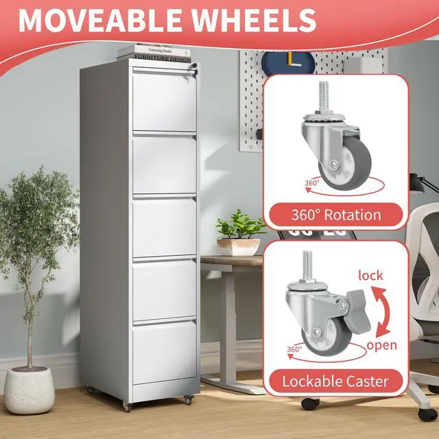 Alt view image 6 of 7 - 5 Drawer Mobile File Cabinet with Lock,White Metal Filing Cabinets | Vertical File Cabinet with Wheels,Heavy Duty Home Office Storage Cabinet for A4/Letter/Legal Size File,Assembly Required
