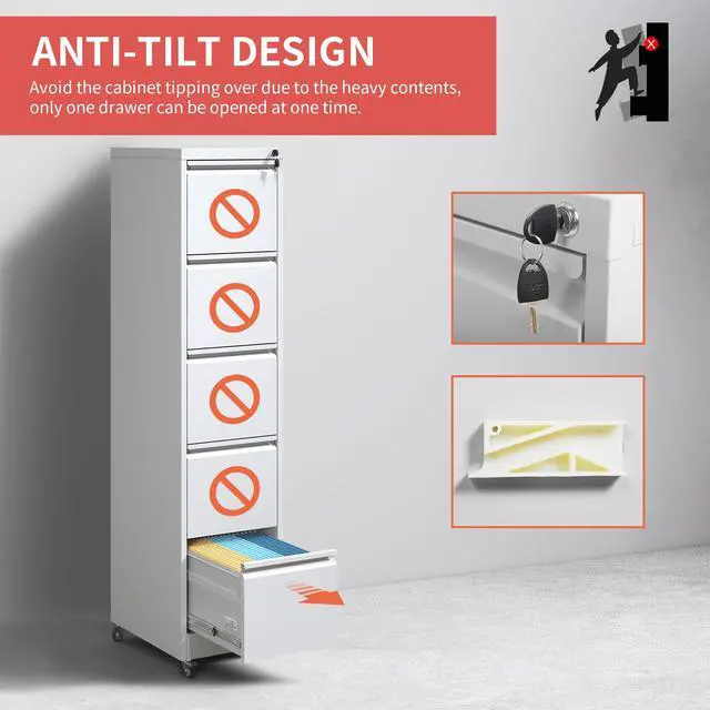 Alt view image 5 of 7 - 5 Drawer Mobile File Cabinet with Lock,White Metal Filing Cabinets | Vertical File Cabinet with Wheels,Heavy Duty Home Office Storage Cabinet for A4/Letter/Legal Size File,Assembly Required