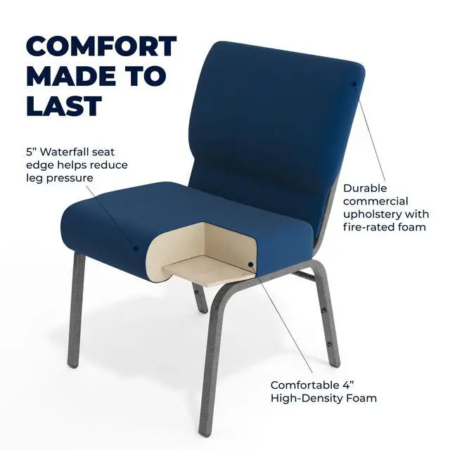 Alt view image 5 of 7 - Navy Blue Fabric 21" W Stacking Church Chair | Stackable, Silver Vein Frame, Fabric Upholstery