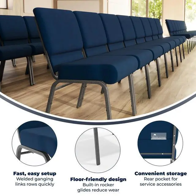 Alt view image 4 of 7 - Navy Blue Fabric 21" W Stacking Church Chair | Stackable, Silver Vein Frame, Fabric Upholstery