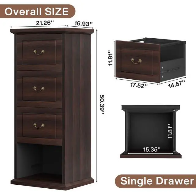Alt view image 2 of 7 - 4-Drawer File Filing Cabinet,Vertical Office File Cabinet,Walnut | Wooden Filing Cabinet for Legal/A4/Letter Size, Narrow Tall File Storage with Adjustable Hanging Rods for Home Office