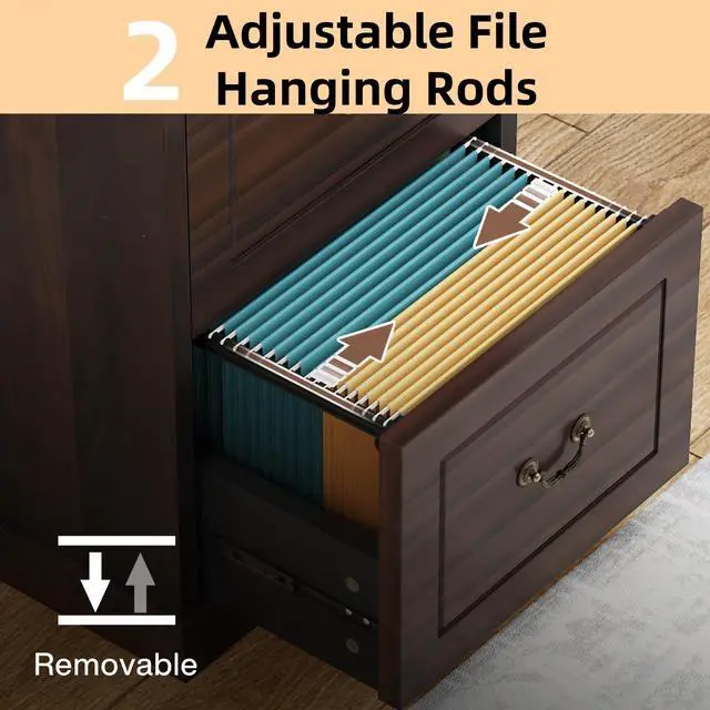 Alt view image 3 of 7 - 4-Drawer File Filing Cabinet,Vertical Office File Cabinet,Walnut | Wooden Filing Cabinet for Legal/A4/Letter Size, Narrow Tall File Storage with Adjustable Hanging Rods for Home Office