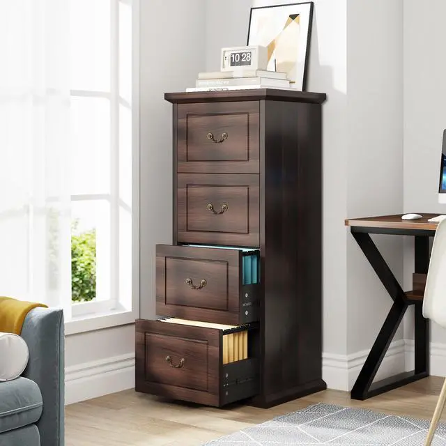 Alt view image 4 of 7 - 4-Drawer File Filing Cabinet,Vertical Office File Cabinet,Walnut | Wooden Filing Cabinet for Legal/A4/Letter Size, Narrow Tall File Storage with Adjustable Hanging Rods for Home Office