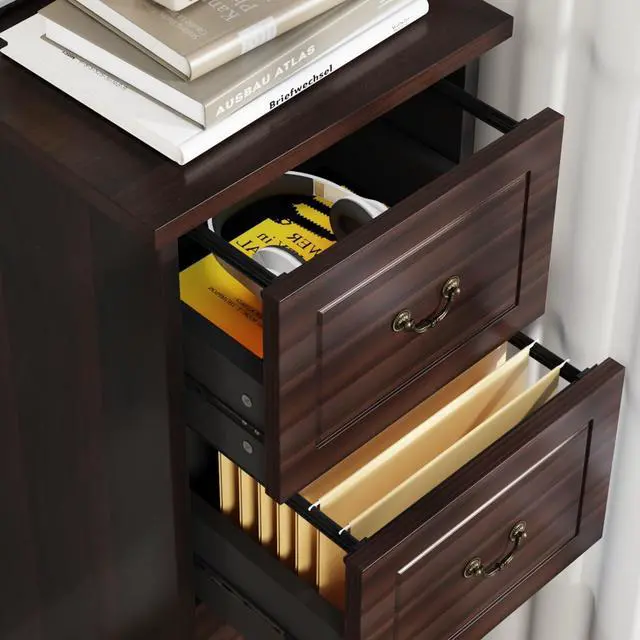 Alt view image 6 of 7 - 4-Drawer File Filing Cabinet,Vertical Office File Cabinet,Walnut | Wooden Filing Cabinet for Legal/A4/Letter Size, Narrow Tall File Storage with Adjustable Hanging Rods for Home Office