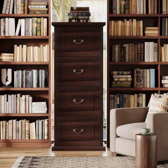 Alt view image 5 of 7 - 4-Drawer File Filing Cabinet,Vertical Office File Cabinet,Walnut | Wooden Filing Cabinet for Legal/A4/Letter Size, Narrow Tall File Storage with Adjustable Hanging Rods for Home Office