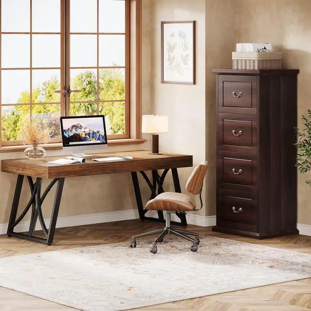 Alt view image 7 of 7 - 4-Drawer File Filing Cabinet,Vertical Office File Cabinet,Walnut | Wooden Filing Cabinet for Legal/A4/Letter Size, Narrow Tall File Storage with Adjustable Hanging Rods for Home Office