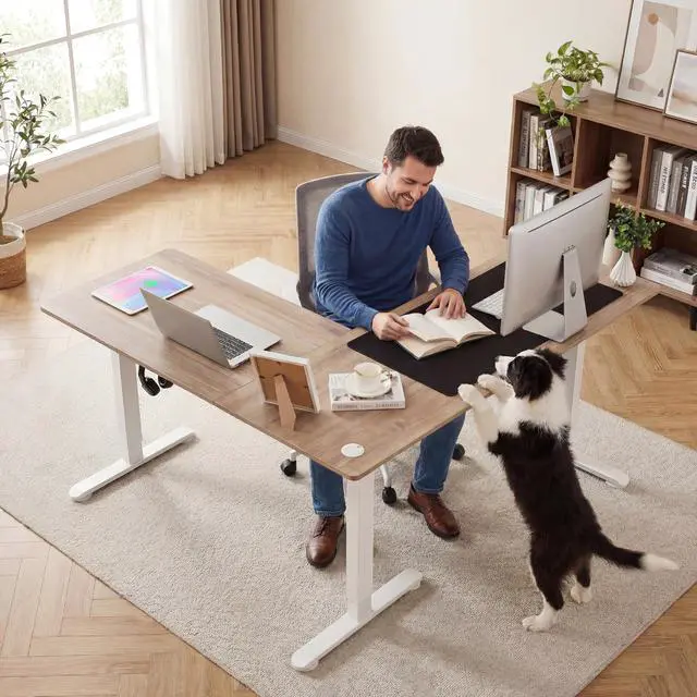 Alt view image 2 of 7 - 63 L Shaped Standing Desk,Electric Height Adjustable Corner Stand Up Desk, Ergonomic Sit Stand Home Office Computer Desk with Splice Board (Oak)