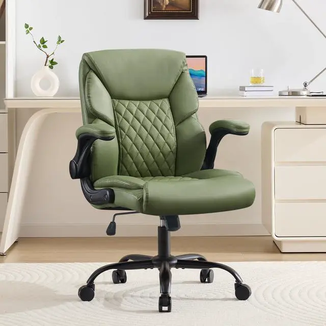Main image of Leather Executive Office Chair - Comfy Green Desk Chair Small Space | Desk Chair with Mid Backrest,5 Wheels,Mid Backrest,Lumbar Support, Height Adjustable,home office reading Gaming Use