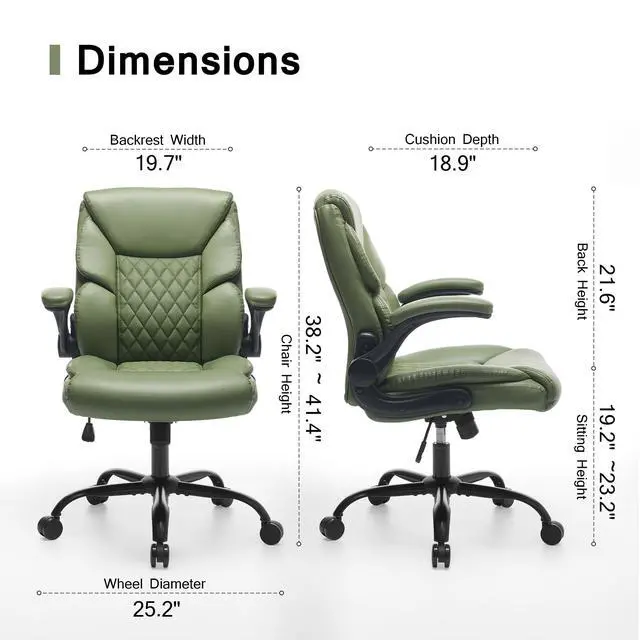 Alt view image 2 of 7 - Leather Executive Office Chair - Comfy Green Desk Chair Small Space | Desk Chair with Mid Backrest,5 Wheels,Mid Backrest,Lumbar Support, Height Adjustable,home office reading Gaming Use