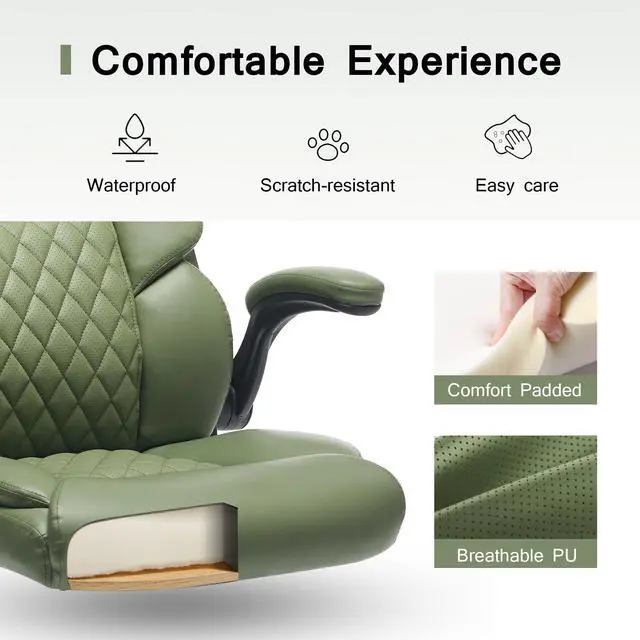 Alt view image 3 of 7 - Leather Executive Office Chair - Comfy Green Desk Chair Small Space | Desk Chair with Mid Backrest,5 Wheels,Mid Backrest,Lumbar Support, Height Adjustable,home office reading Gaming Use
