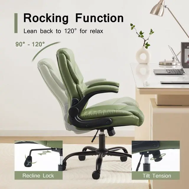 Alt view image 4 of 7 - Leather Executive Office Chair - Comfy Green Desk Chair Small Space | Desk Chair with Mid Backrest,5 Wheels,Mid Backrest,Lumbar Support, Height Adjustable,home office reading Gaming Use
