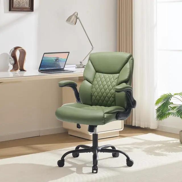 Alt view image 7 of 7 - Leather Executive Office Chair - Comfy Green Desk Chair Small Space | Desk Chair with Mid Backrest,5 Wheels,Mid Backrest,Lumbar Support, Height Adjustable,home office reading Gaming Use