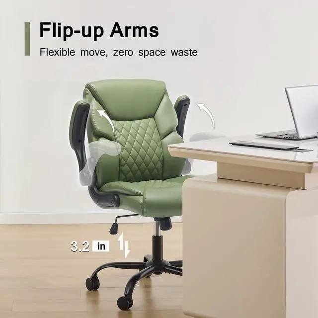 Alt view image 5 of 7 - Leather Executive Office Chair - Comfy Green Desk Chair Small Space | Desk Chair with Mid Backrest,5 Wheels,Mid Backrest,Lumbar Support, Height Adjustable,home office reading Gaming Use