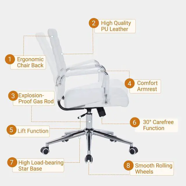 Alt view image 4 of 6 - Ergonomic Desk Chairs, Executive Swivel Leather Mid Back Chair with Smooth Rolling Wheels for Office, Conference Room White