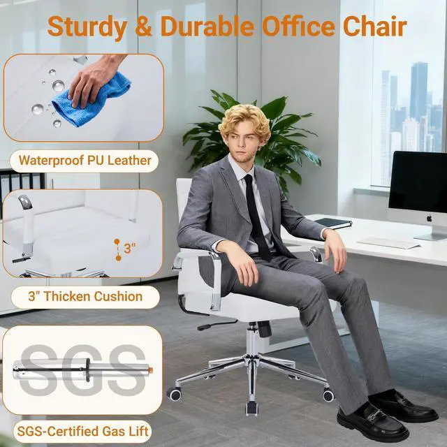 Alt view image 3 of 6 - Ergonomic Desk Chairs, Executive Swivel Leather Mid Back Chair with Smooth Rolling Wheels for Office, Conference Room White
