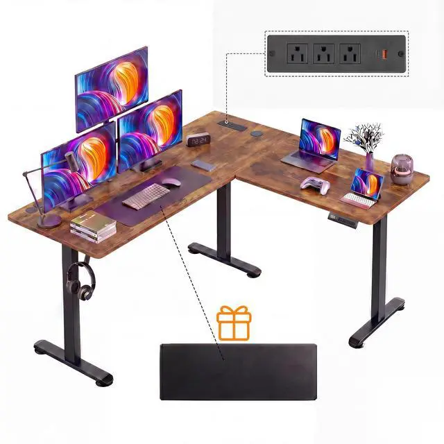 Main image of 63 L Shaped Standing Desk with Charging Station,Supports Left and Right Swapping,Electric Height Adjustable Corner Stand Up Desk.Free Hook, Lockable Wheels,Mouse Pad,Brown